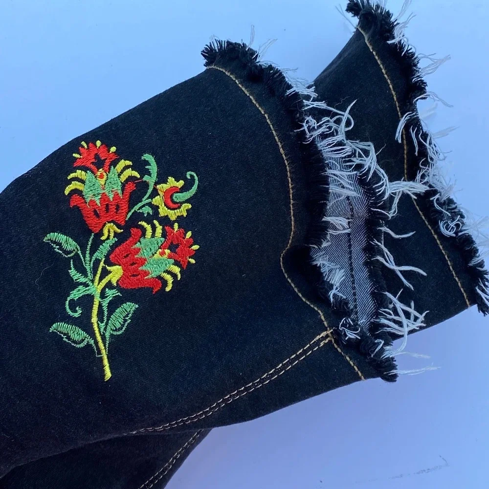 Edgy Indie Sleaze Black Denim Over The Knee Boots Tiger Floral Embroidered - 6M